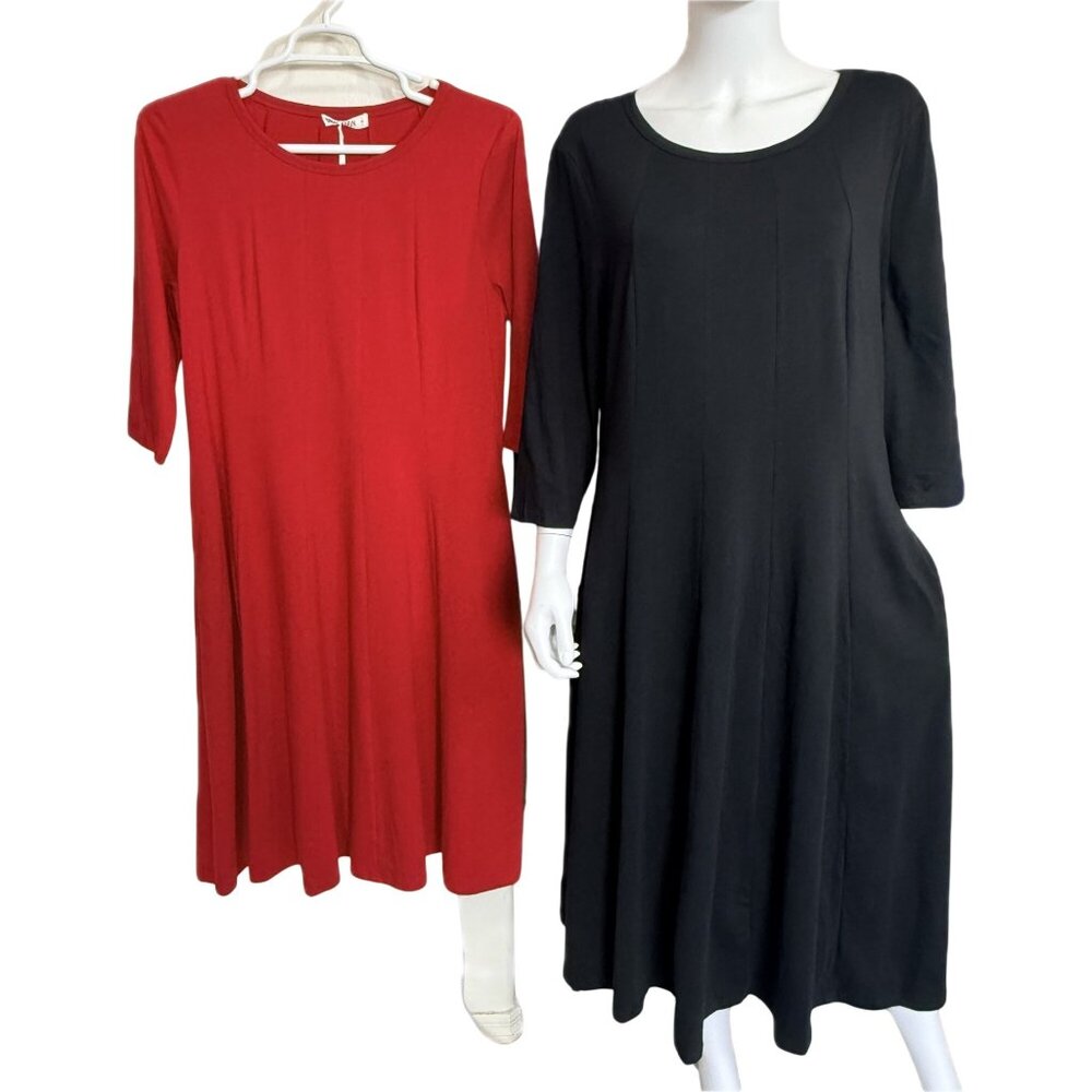 Grace Karin Dresses Women XL Red Black 3/4 Sleeve Fit & Flare Midi Pockets